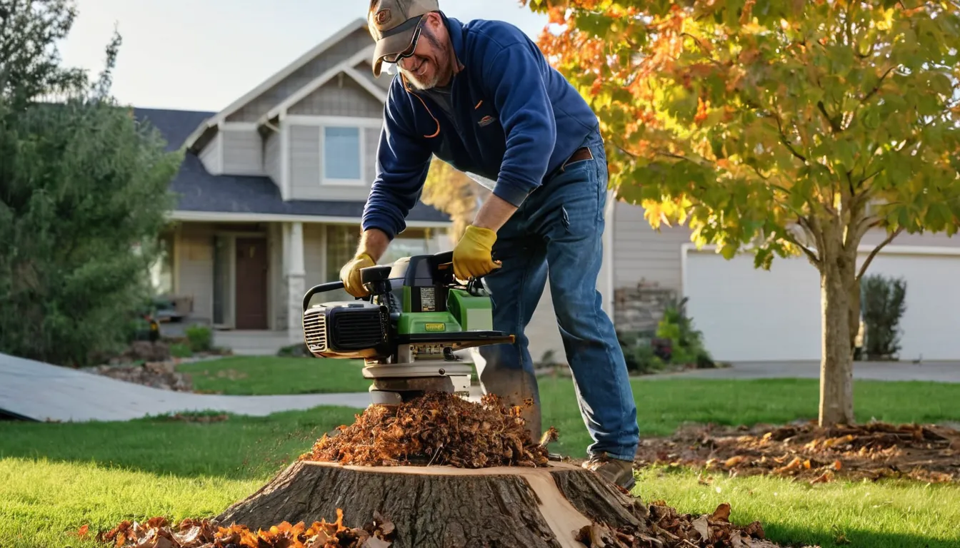 Local stump grinding provider working in a backyard in Spring Hill